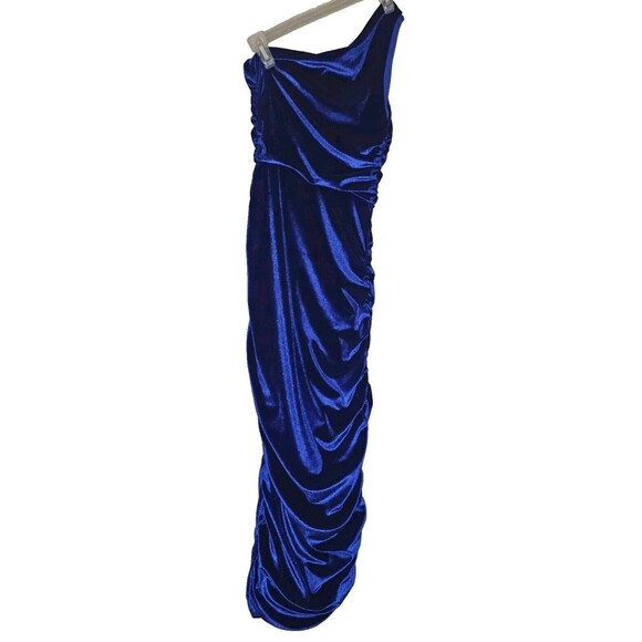Blue Velvet Bandeau Maxi Dress One Shoulder Size Small Ruch Red Carpet Glam - Picture 10 of 14